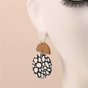 Black and White Patterned Tan Clay Round Drop Earrings